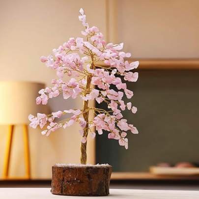 Rose Quartz Crystal Bonsai Money Tree Natural Gemstone Feng Shui Home Office Decor Reiki Healing Positive Energy Spiritual Gift  Size 6 7 Inches  Gold